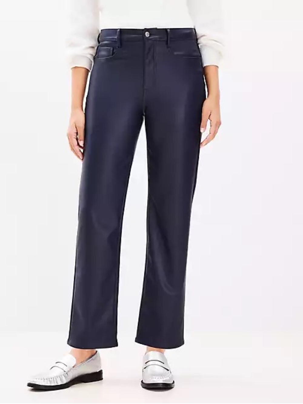 Loft Navy Leather Straight Leg Pants